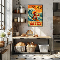Santa Surfing Vintage Holiday Beach Art Poster