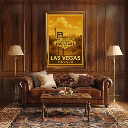 Golden Las Vegas Skyline Welcome Sign Retro Poster