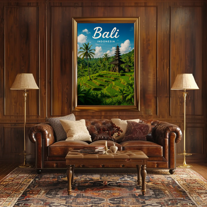 Bali Indonesia Rice Fields Temple Travel Poster