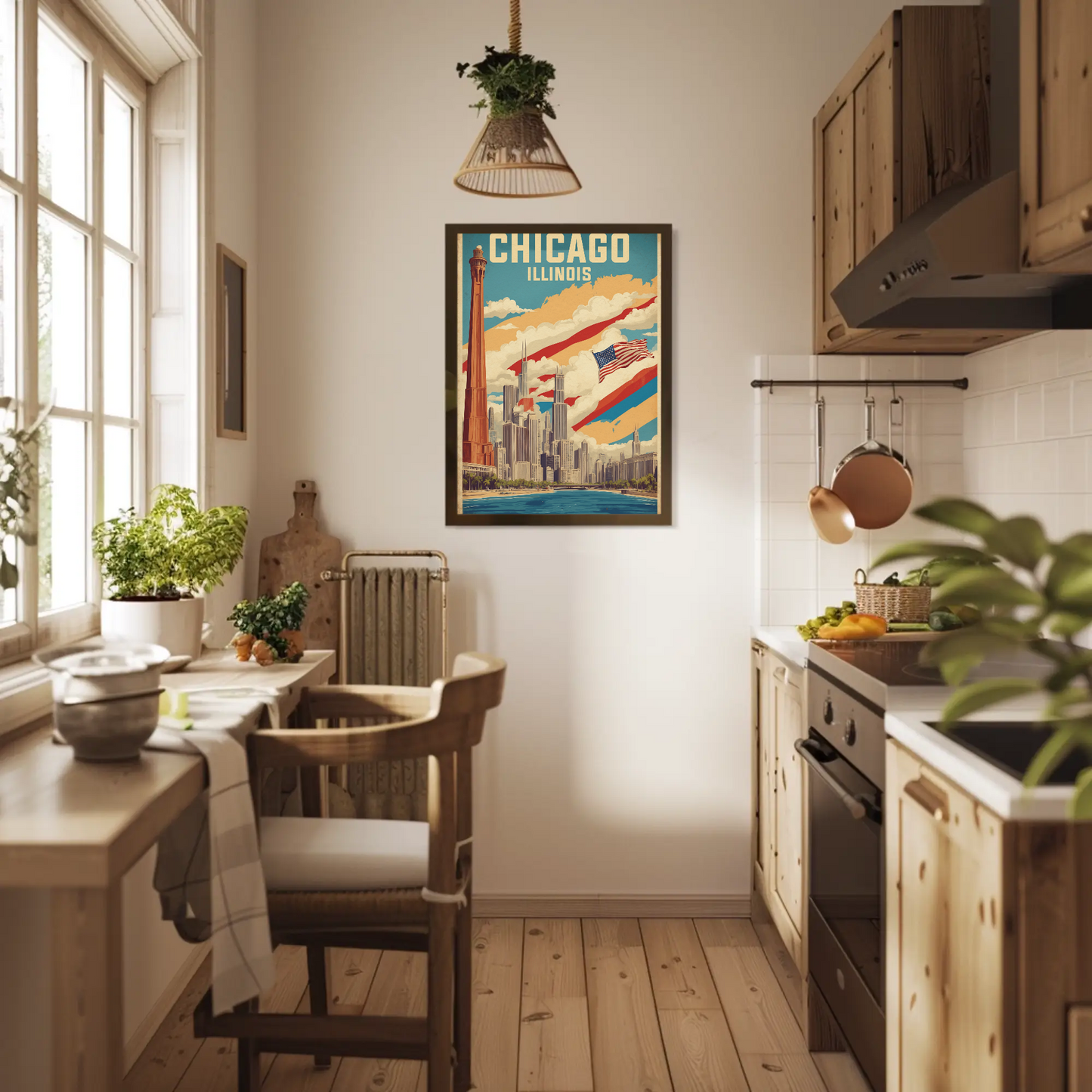 Chicago Illinois Skyline American Flag Cityscape Vintage Travel Poster