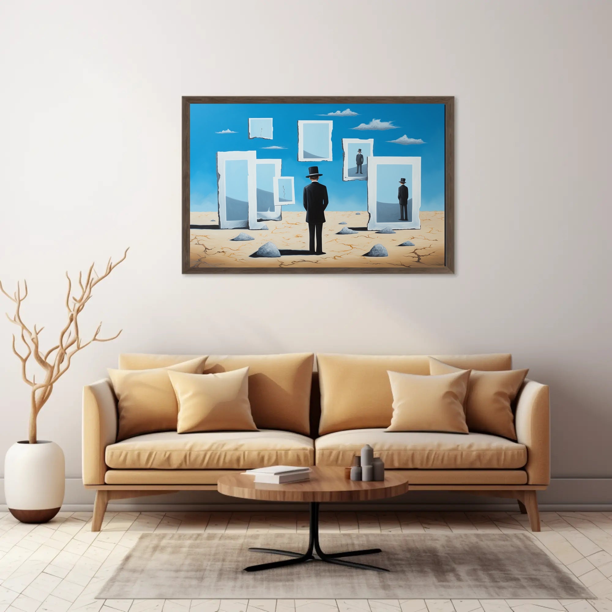 Surreal Desert Landscape with Bowler Hat Figure Artistic Poster