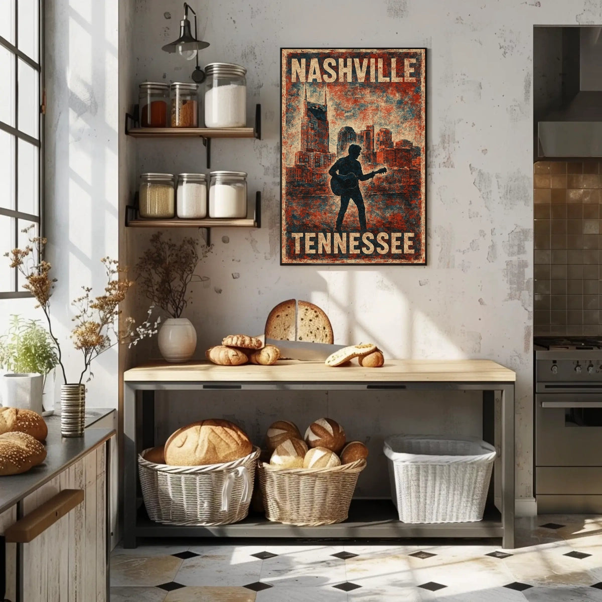 Nashville Guitar Silhouette Vintage Music Cityscape Rustic Texture Nostalgia Folk Art Poster
