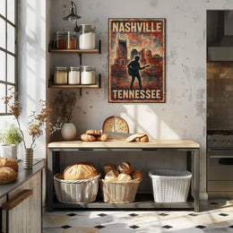 Nashville Guitar Silhouette Vintage Music Cityscape Rustic Texture Nostalgia Folk Art Poster