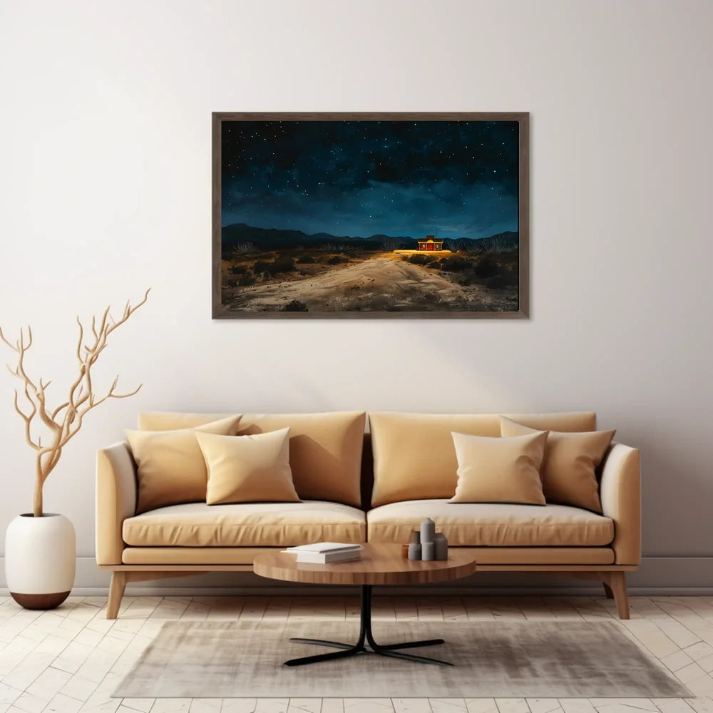 Desert Night Solitude: Tranquil Cabin Art Poster