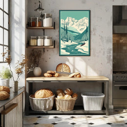 Winter Serenity: Majestic Snow-Covered Mountains and Tranquil River Poster
