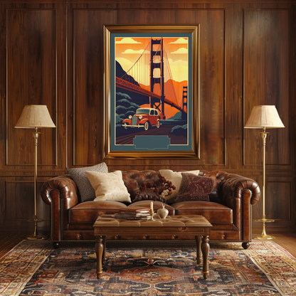 Golden Gate Bridge Vintage Car Drive Travel Poster