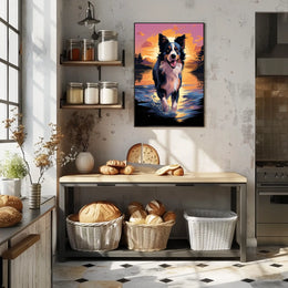 Cheerful Dog at Sunset Landscape Artistic Animal Poster