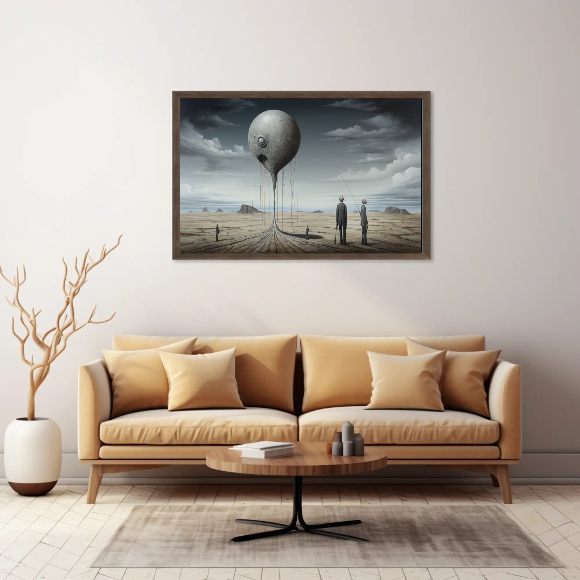 Surreal Metallic Sphere Floats in Desolate Sci-Fi Landscape Poster