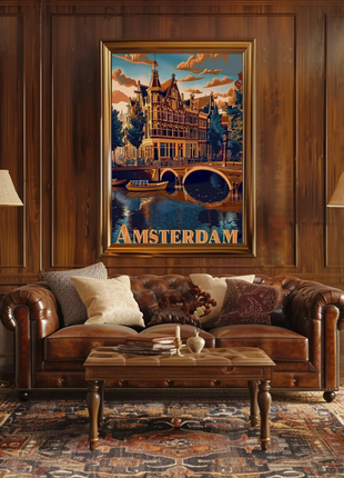 Amsterdam Canals Historic Architecture Boats Scenic Travel Poster