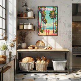 Venice Beach Vintage Travel Art with Palm Trees Scene Travel Poster