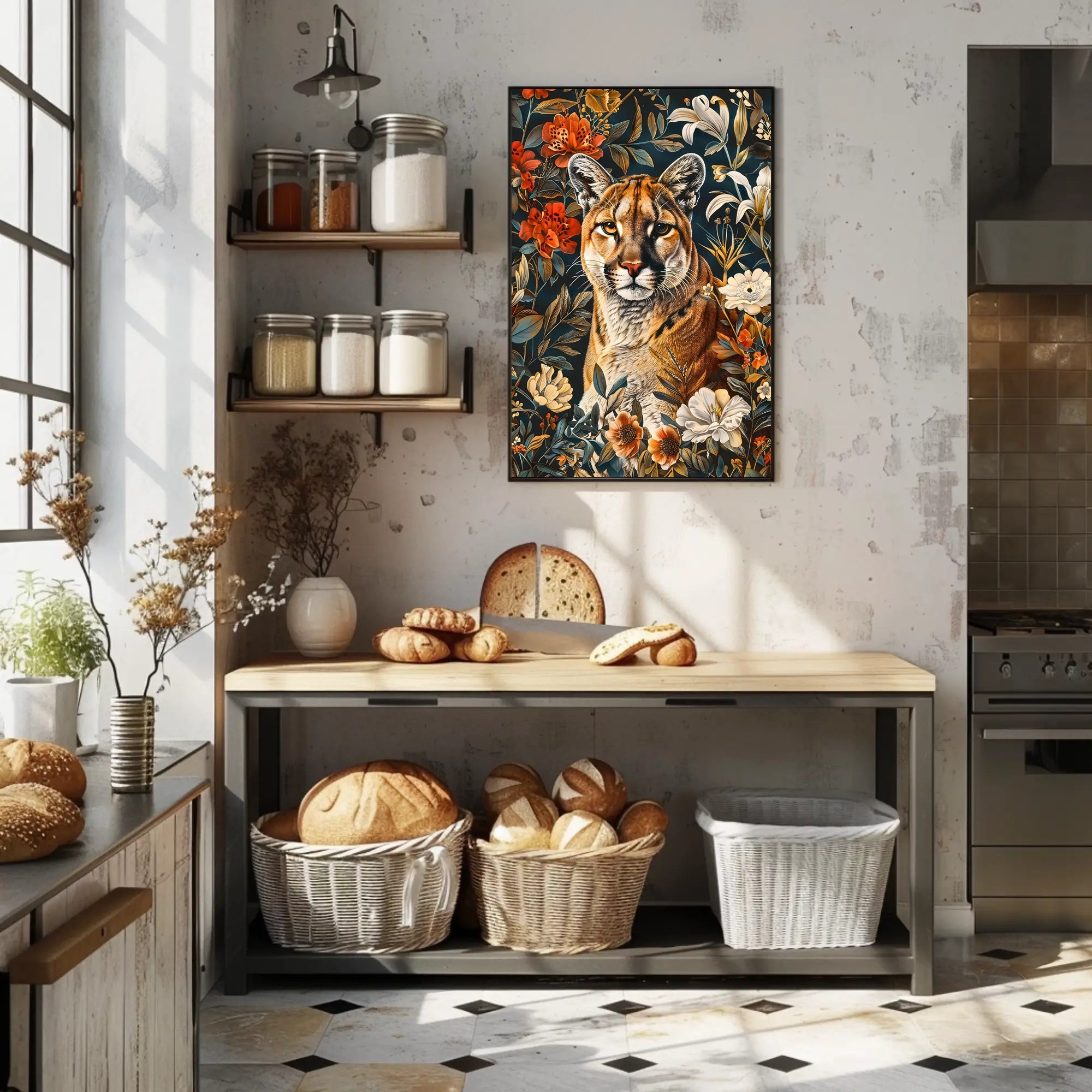 Majestic Cougar Floral Wall Art Print