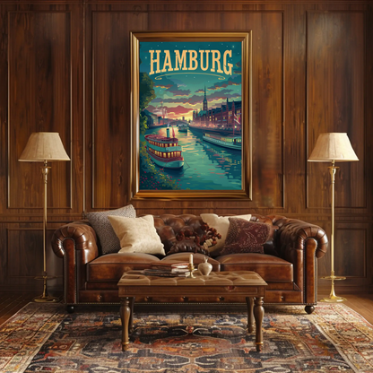 Hamburg Riverfront Twilight Travel Poster