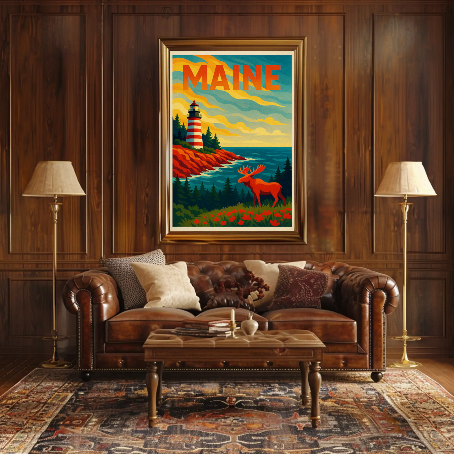 Maine Lighthouse Moose Forest Coastal View Poster