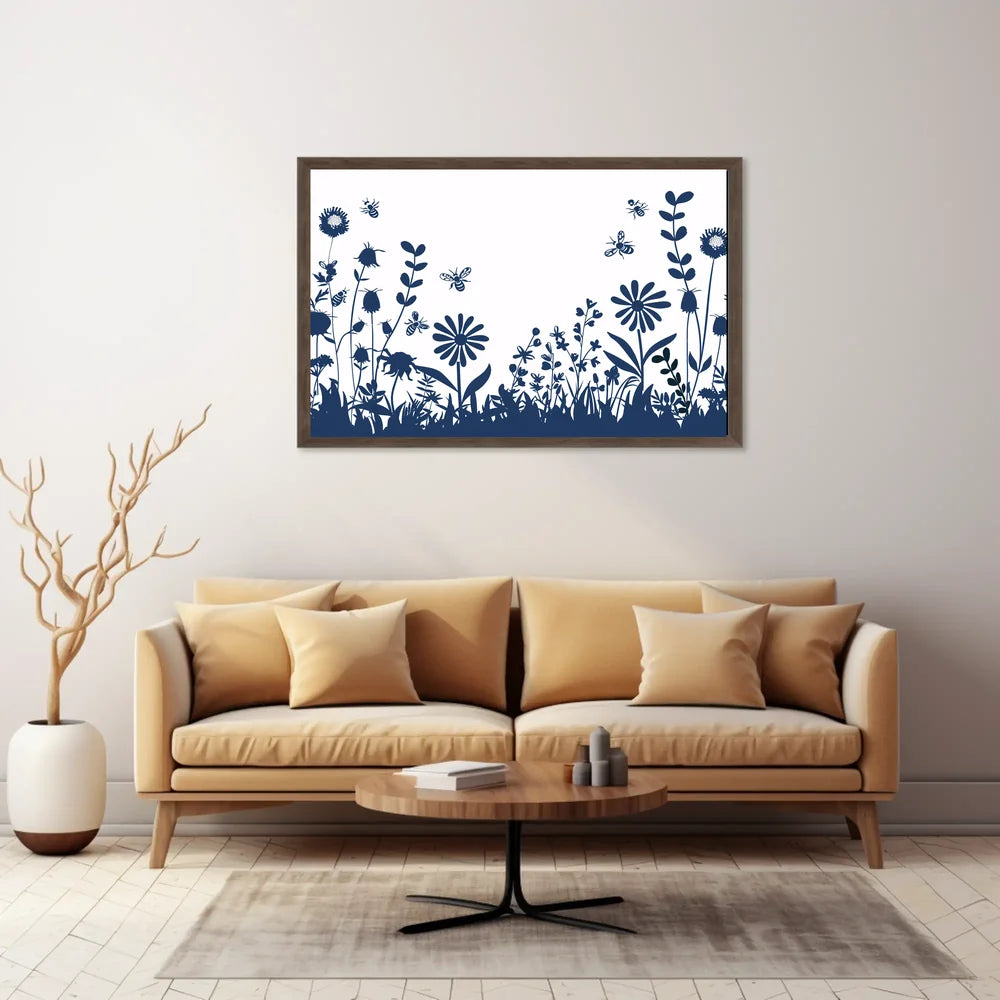 Garden Harmony: Blue Silhouette Bee and Flower Poster