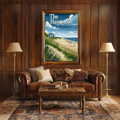 The Hamptons Beach Dunes House Umbrellas Travel Poster