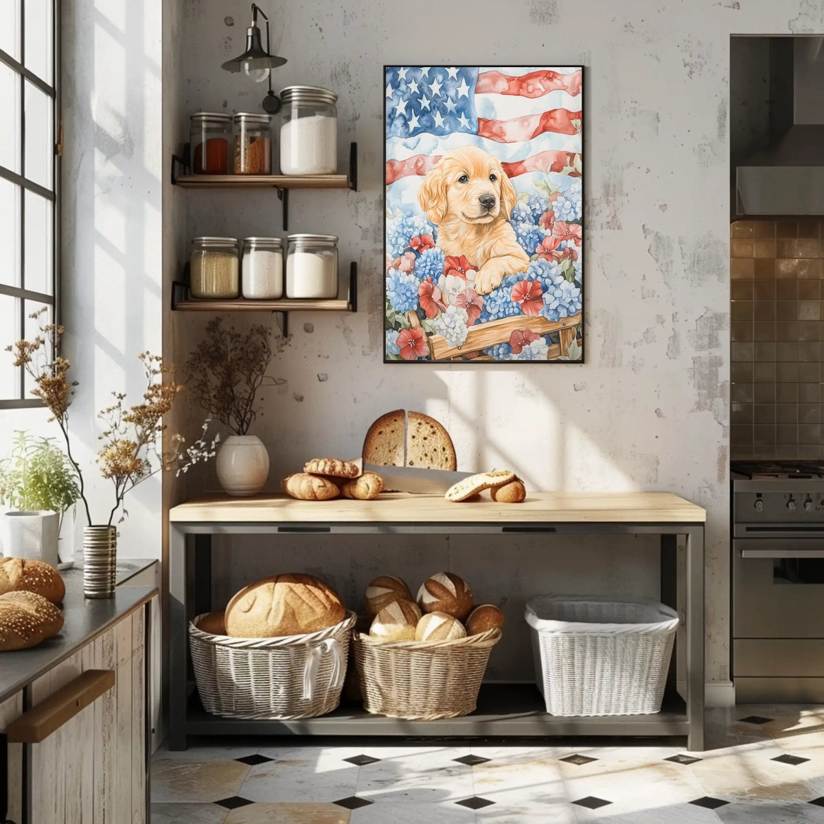 Golden Retriever Puppy In Wagon With American Flags Poster