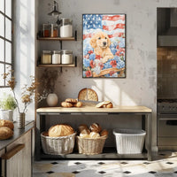 Golden Retriever Puppy In Wagon With American Flags Poster