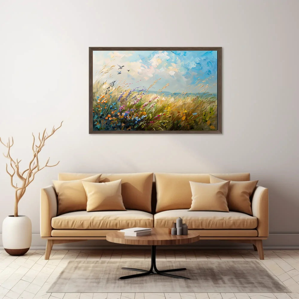 Vibrant Meadow Impressionist Poster with Soaring Birds
