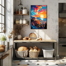 Vibrant Sunset Over City with Ancient Temple Heritage Poster