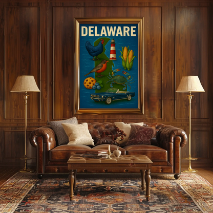 Delaware State Symbols Chicken Mustang Crab Travel Poster