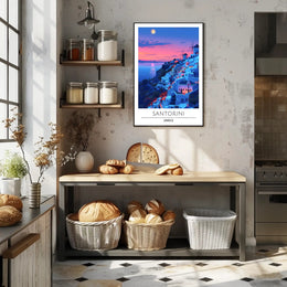 Santorini Sunset Travel Scene: Beautiful Mediterranean Landscape Poster