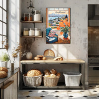 Scenic View of Auckland: Cozy Interior with Blue Armchair and Harbor Poster