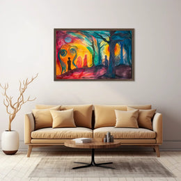 The poster is an abstract, surrealistic artwork with a vibrant and emotive theme. Travel Poster