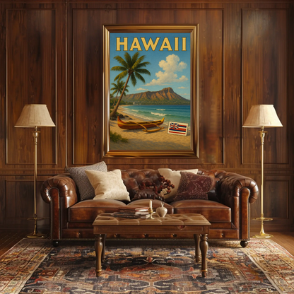 Hawaii Canoe Flag Diamond Head Ocean View Travel Poster