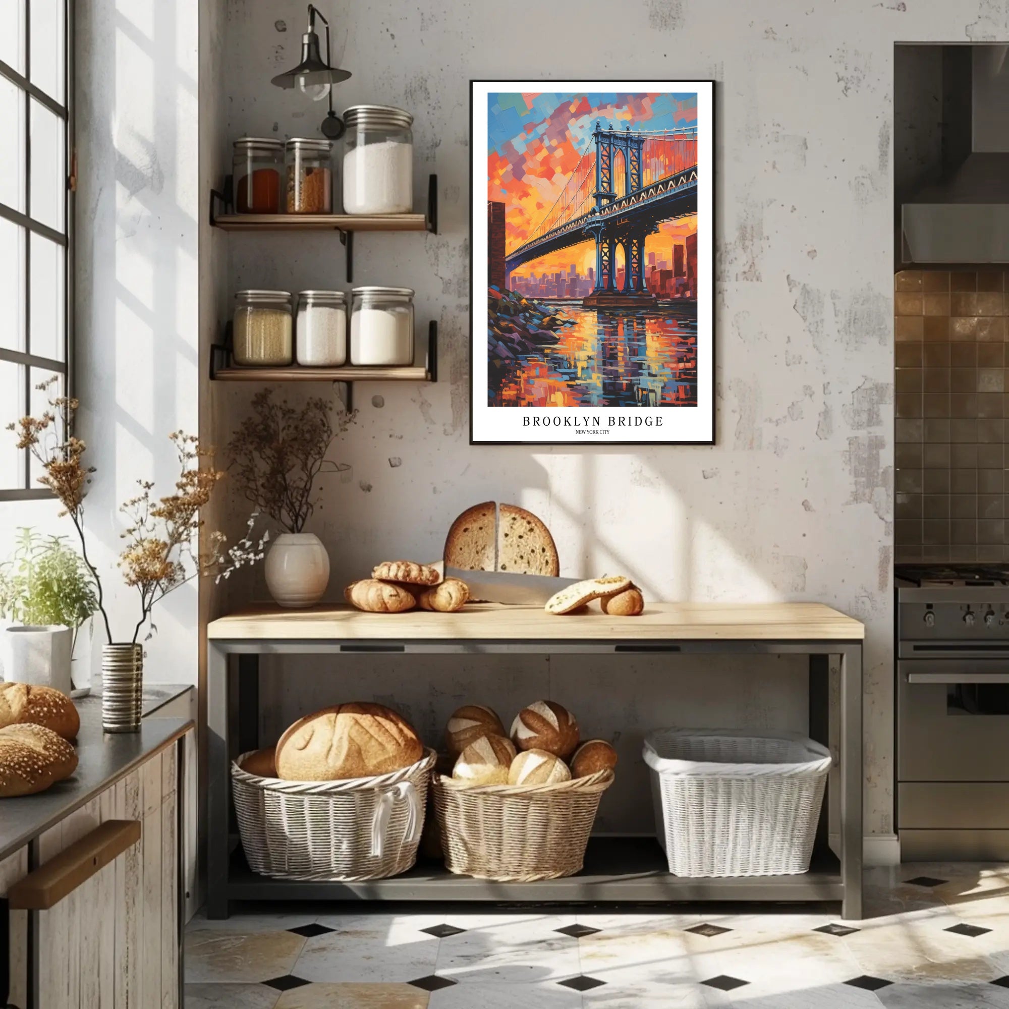 Brooklyn Bridge Sunset Urban Cityscape Painting Poster PosterGoat