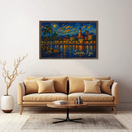 Suva Fiji Nighttime Island Cityscape Impressionism Digital Painting Wanderlust Decor Poster