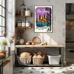 New Jersey Cityscape Bridge Purple Sky Vintage Poster