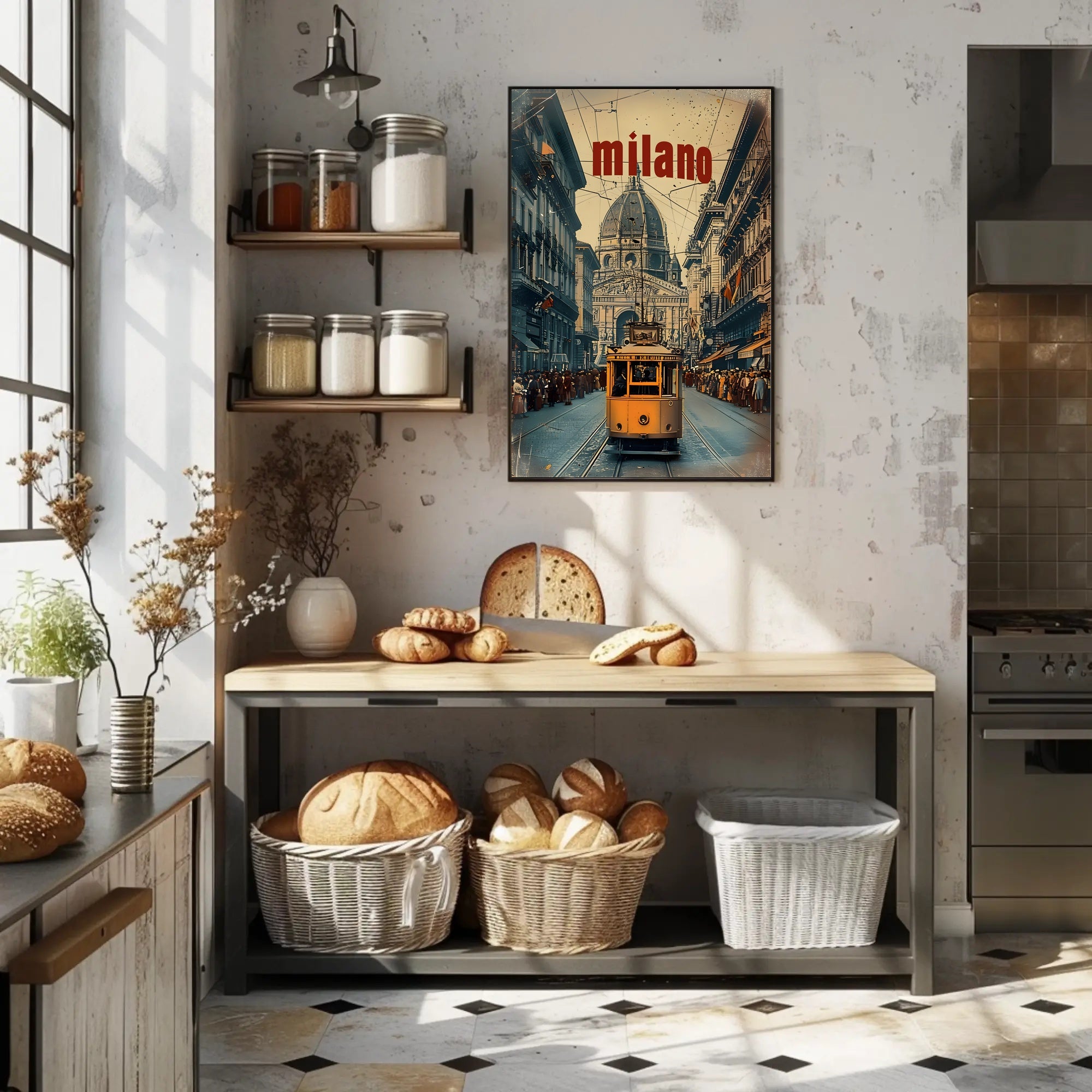 Vintage Tram Scene in Historic Milan Urban or Cityscape Poster