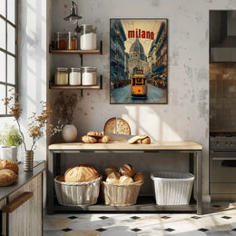 Vintage Tram Scene in Historic Milan Urban or Cityscape Poster