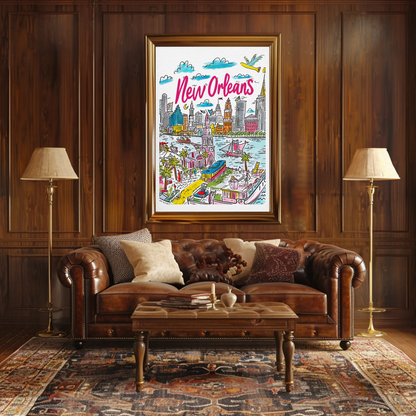 New Orleans Louisiana Colorful Riverside Cityscape Travel Poster