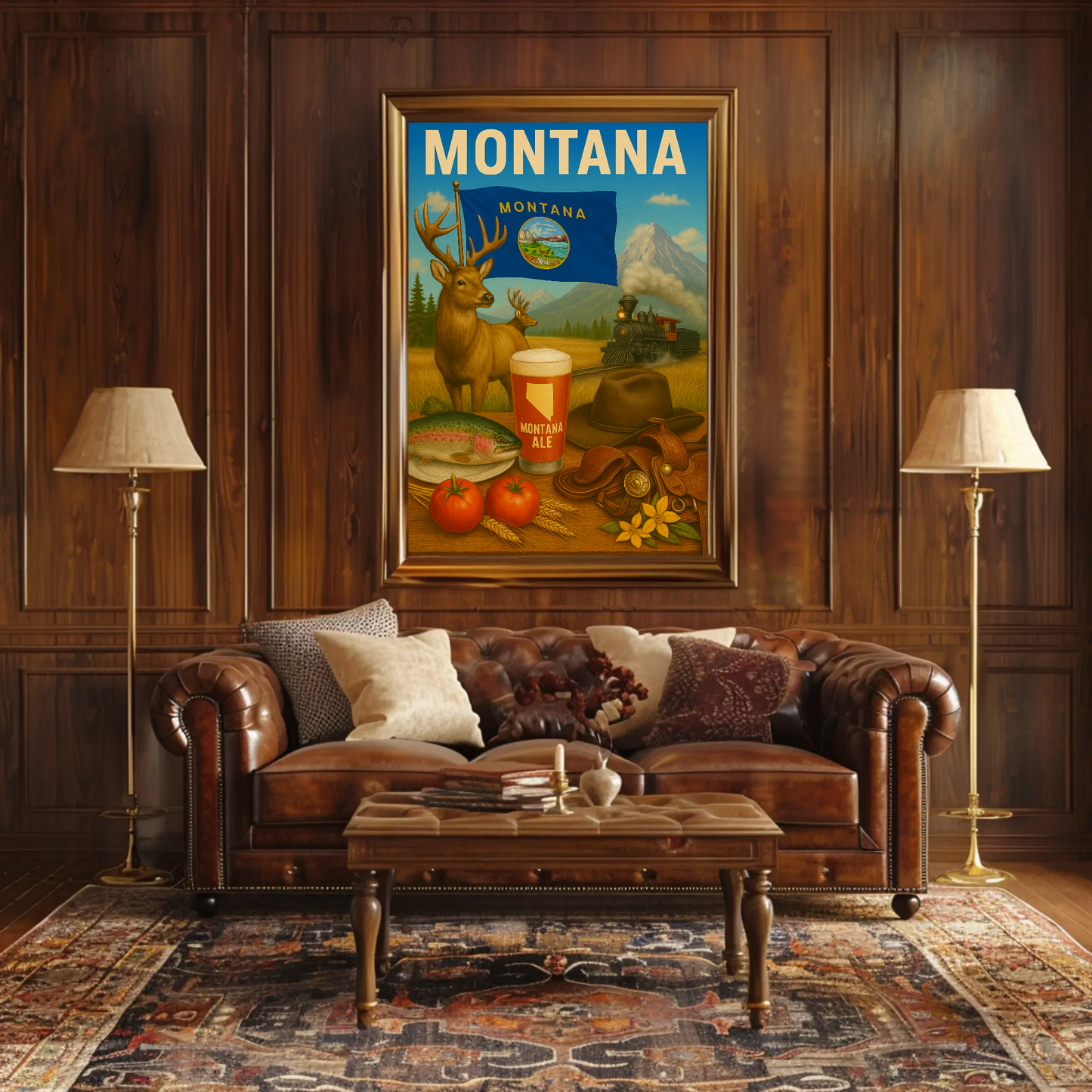 Montana Ale Elk Train Tomato Trout Hat Travel Poster