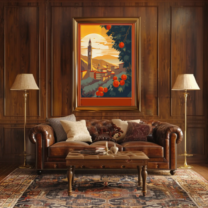 Italian Hilltown Sunset With Tower Travel Poster