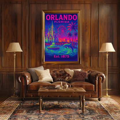 Orlando Florida Castle Ferris Dolphin Neon Travel Poster
