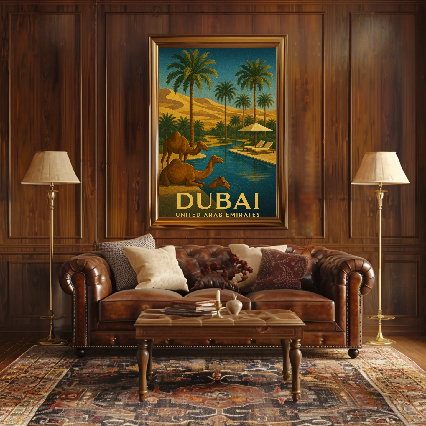 Dubai Desert Luxury Camels Pool Palms Oasis Poster