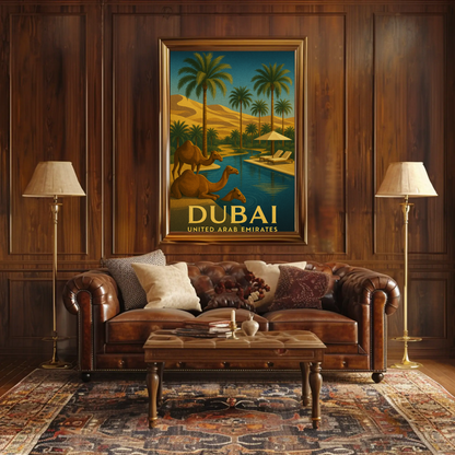 Dubai Desert Luxury Camels Pool Palms Oasis Poster