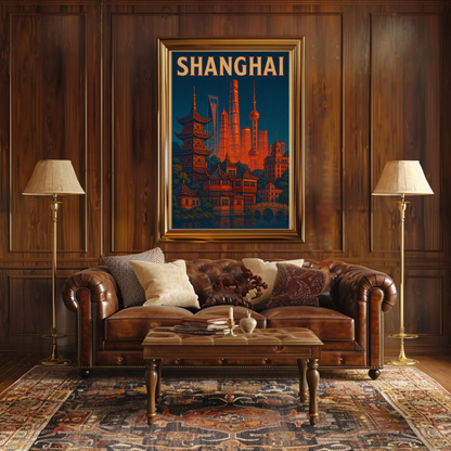 Shanghai Skyline and Pagodas Night Poster