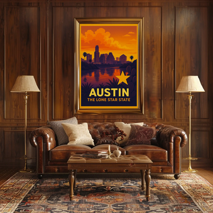 Austin Texas Sunset Skyline Lone Star Travel Poster