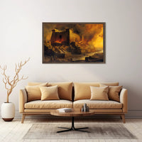 Ancient Temple Ablaze: Mythical Destruction Art Poster