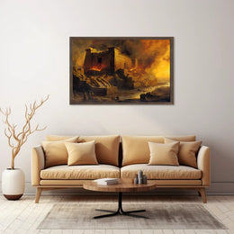 Ancient Temple Ablaze: Mythical Destruction Art Poster