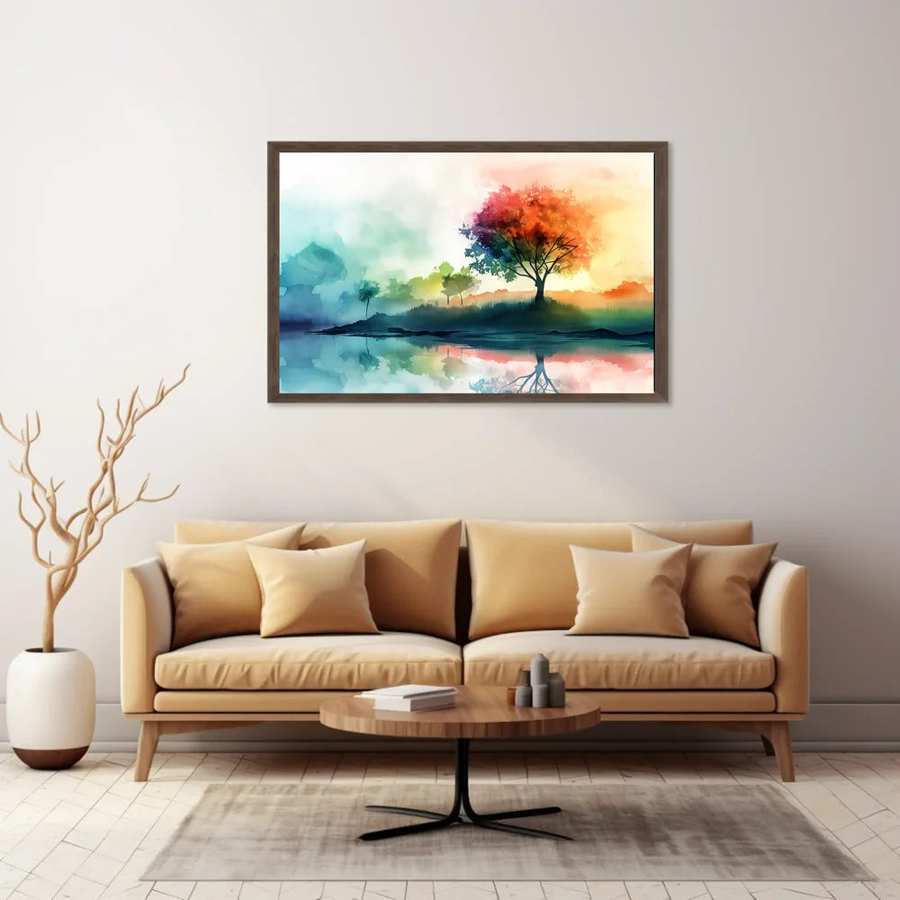 Serene Autumn Reflection Watercolor Landscape Poster