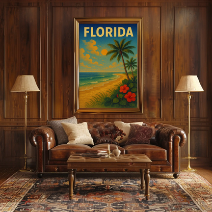 Florida Beach Palm Trees Hibiscus Flowers Travel Poster