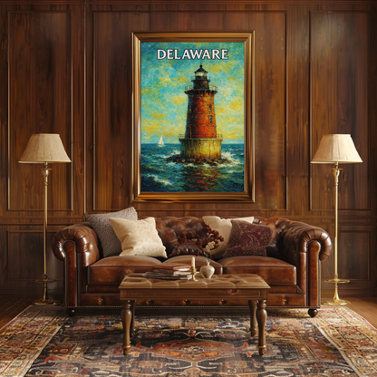 Delaware Offshore Lighthouse Sailboat Travel Poster
