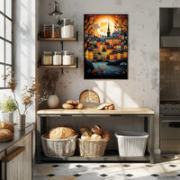 Vibrant Moonlit Classic European Townscape Art Travel Poster