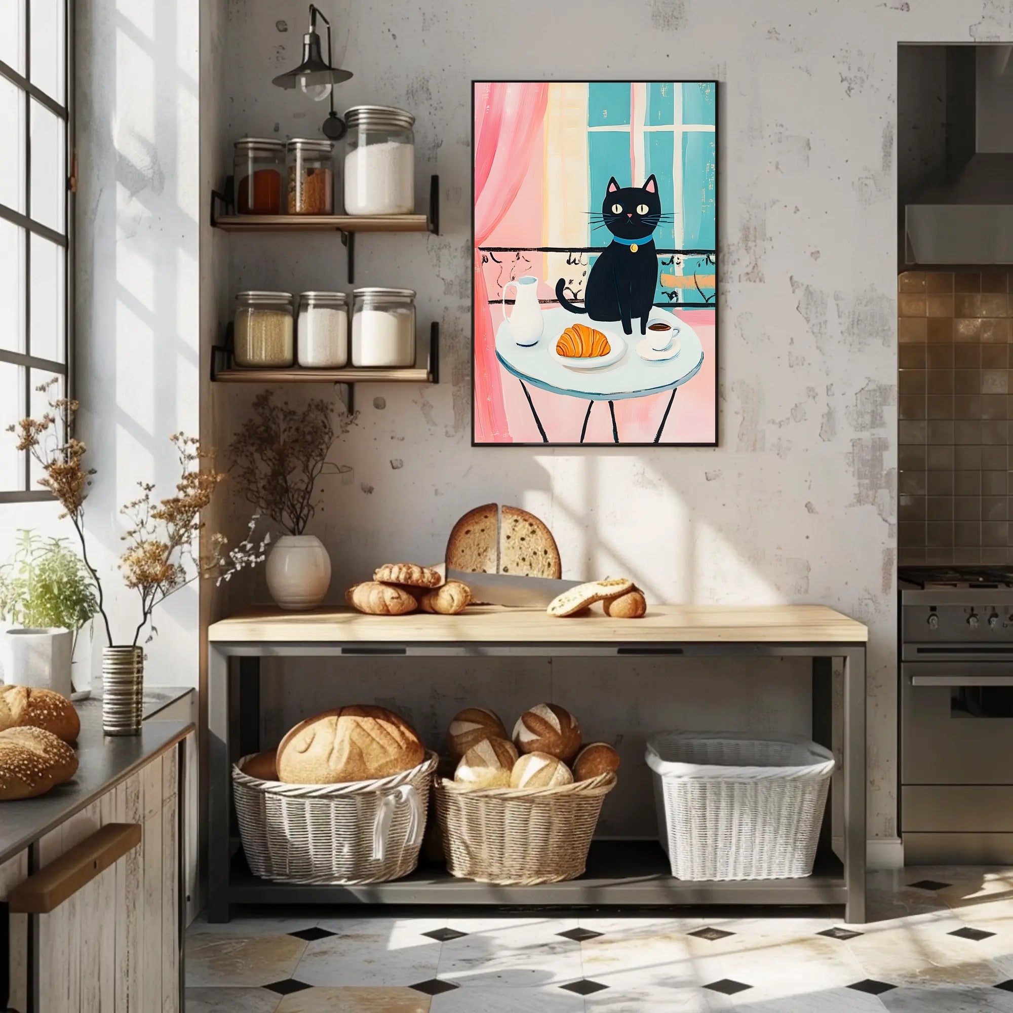 Black Cat Breakfast Poster Charming Morning Wall Art