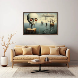 Dreamlike Landscape with Surreal Figures: Futuristic Sci-Fi Poster