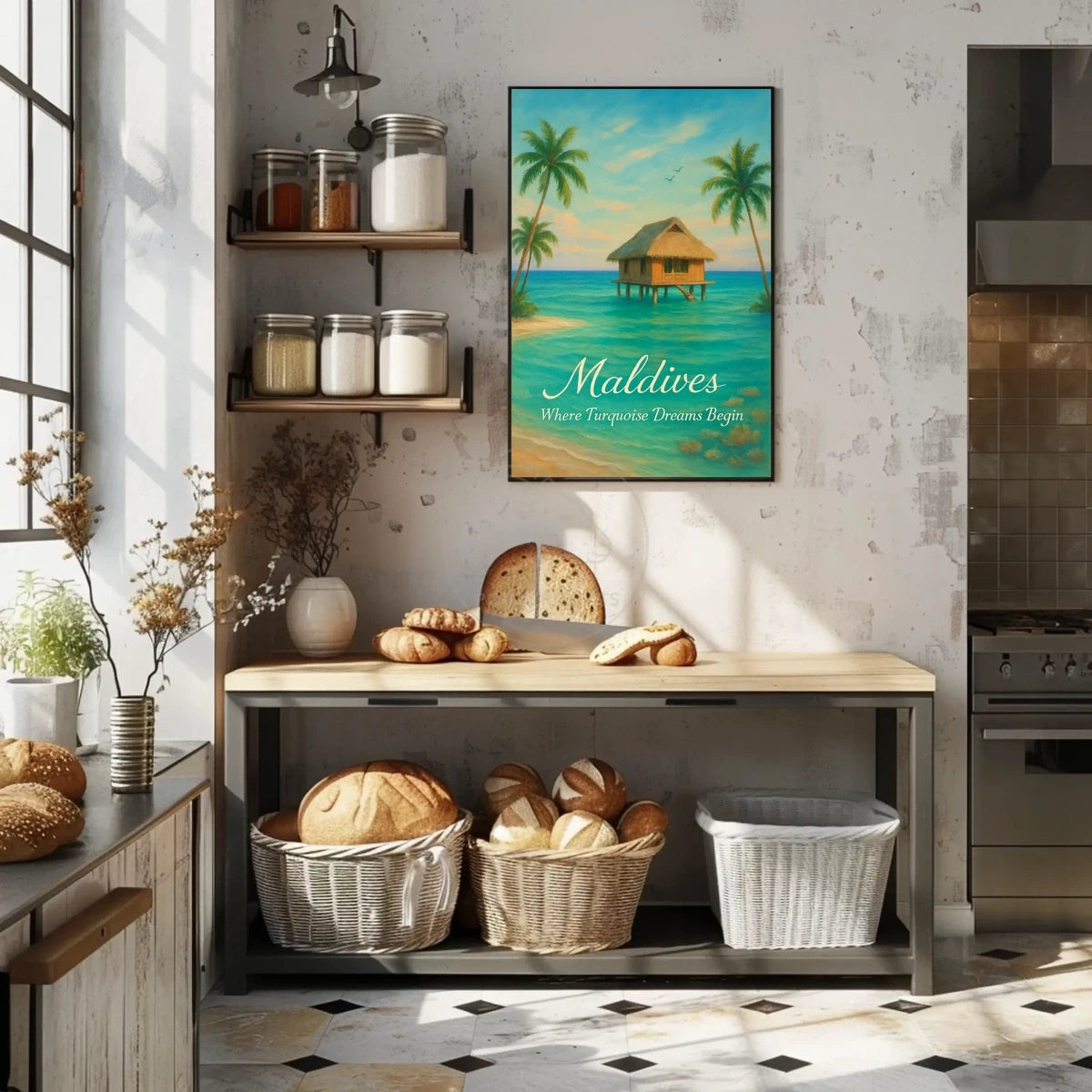 This poster vividly captures a serene tropical paradise, likely set in the Maldives, Travel Poster